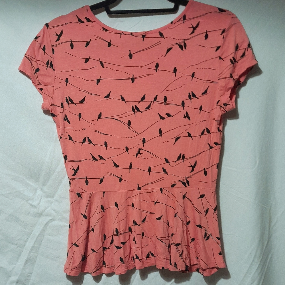 HOT OPTIONS - Peach Black w Bird Print T-shirt - S-12 - Picture 3 of 4
